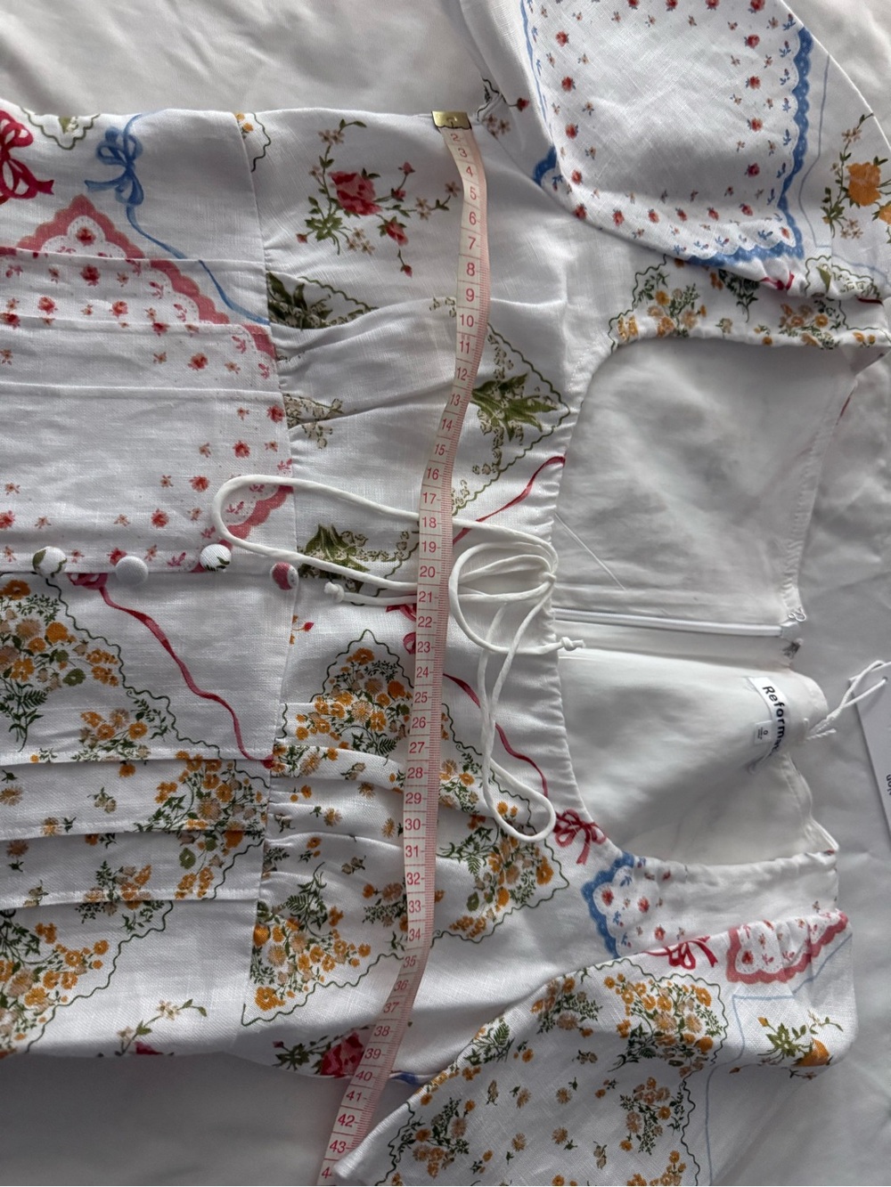 Reformation White Midi Dress with Red, Blue, Green Floral Patchwork - Picture 8 of 9